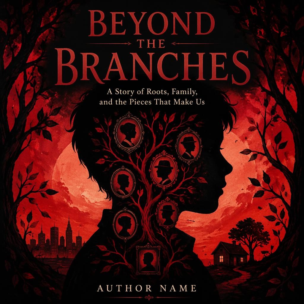 Illustrated full-bleed children's book cover with a shadowed portrait, black and red palette, and clean title placeholder text.