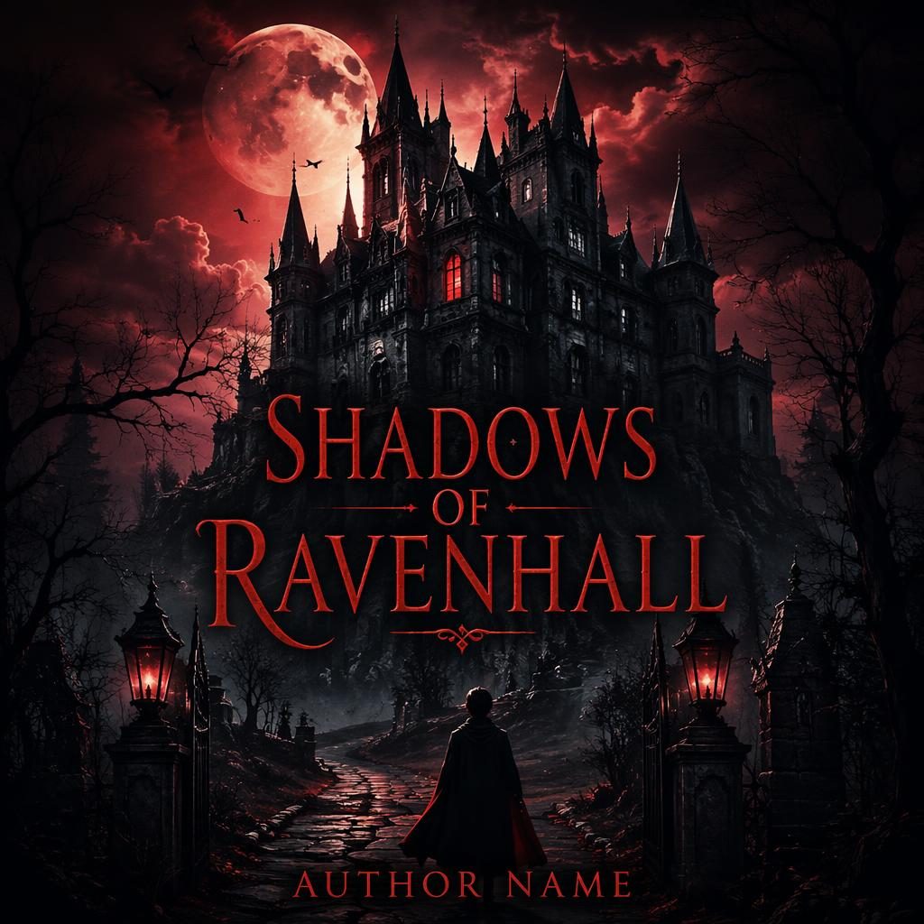 Illustrated horror book cover with a gothic mansion, dark sky, red glow, and sharp title and author placeholder text.
