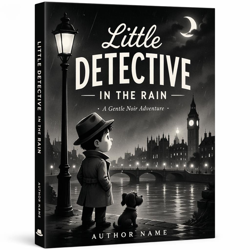 Black and white noir detective children's book cover mockup with vintage typography, soft romantic mood, and 5:8 portrait layout.