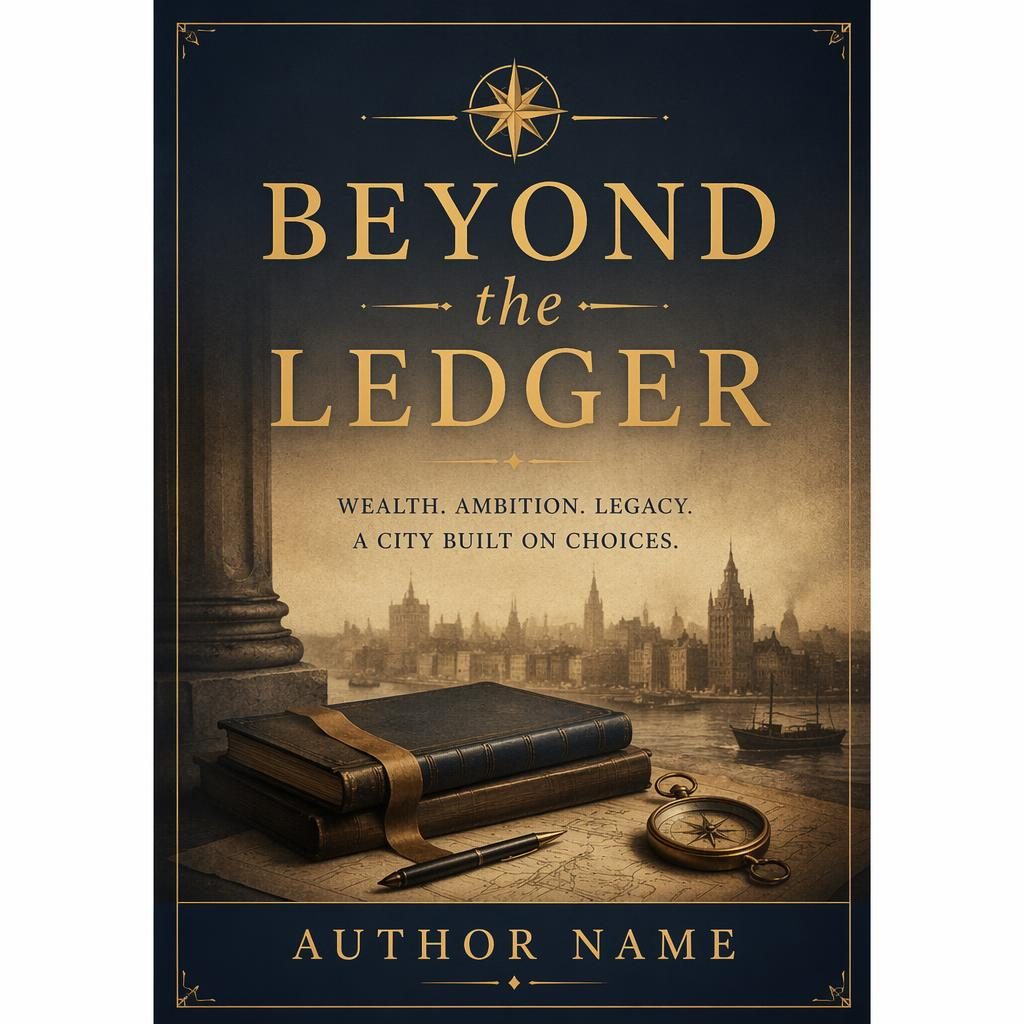Minimalist book cover in muted navy and gold with sepia historical motif, sharp title and author placeholders, portrait layout.