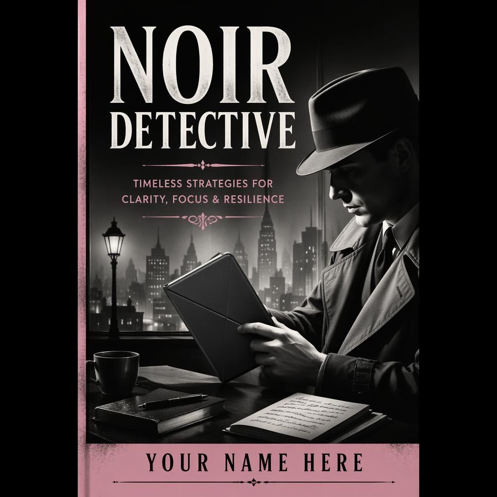 Black and white noir detective-style book cover in 5:8 portrait format with clean title and author placeholder text.