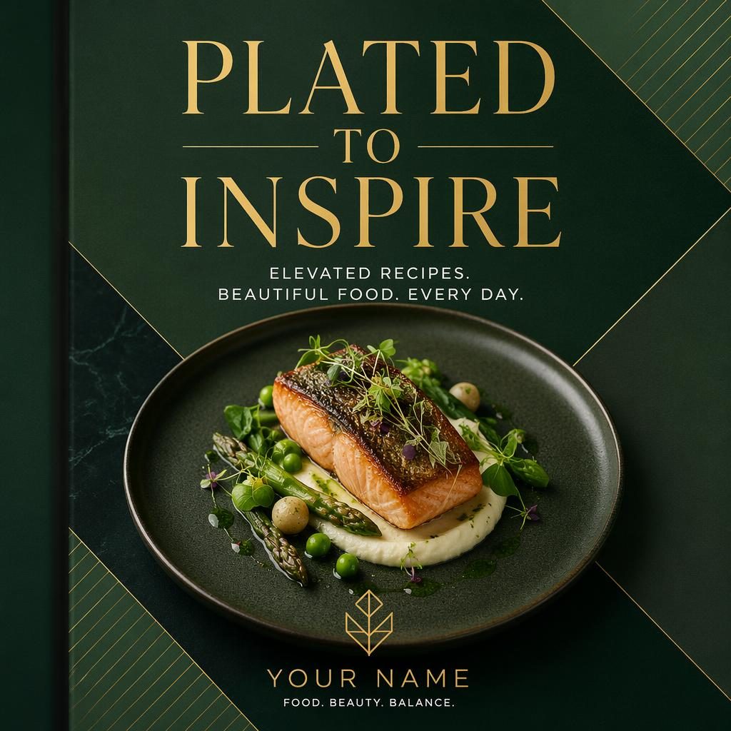 Portrait cookbook cover with a plated dish hero, bold geometric layout, deep forest green palette, and clean placeholder text.