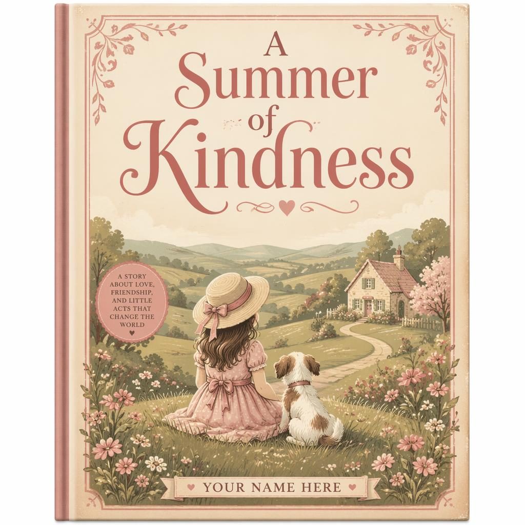 Vintage children's romance book cover with a soft countryside scene, monochrome pastel tones, and clean title placeholders