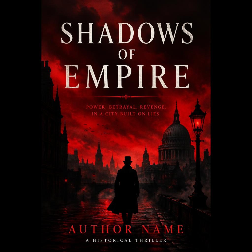 Illustrated historical fiction book cover with a dark city silhouette, black and red palette, and clean title placeholder.
