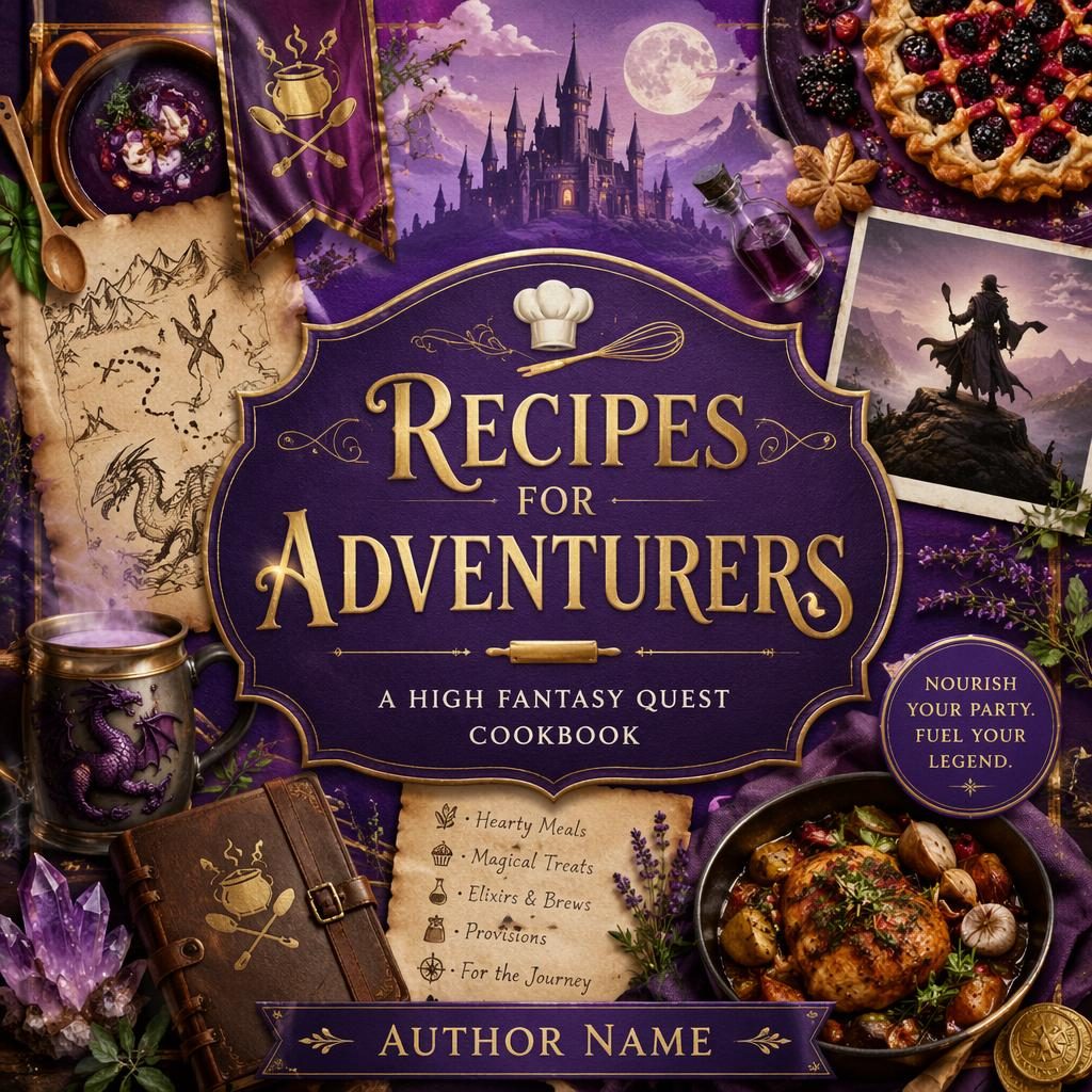 Collage-style cookbook cover in royal purple with whimsical fantasy quest imagery and clean title and author placeholder text.