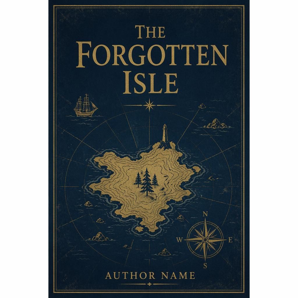 Minimalist navy and gold book cover with symbolic adventure map motifs, sharp title and author placeholder text, 5:8 portrait.