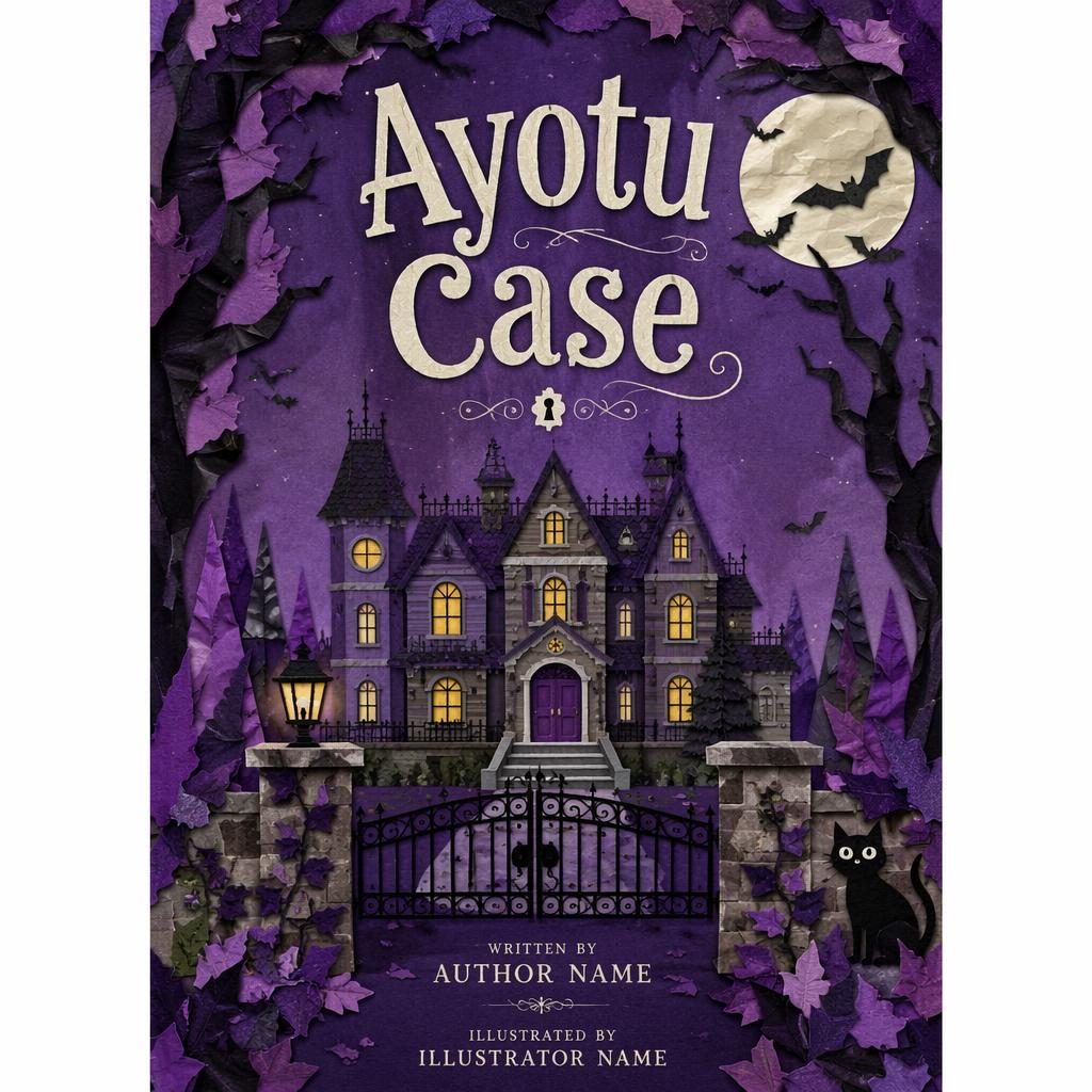 Children's picture book cover with a whimsical gothic mansion collage in royal purple, clean title and author text.