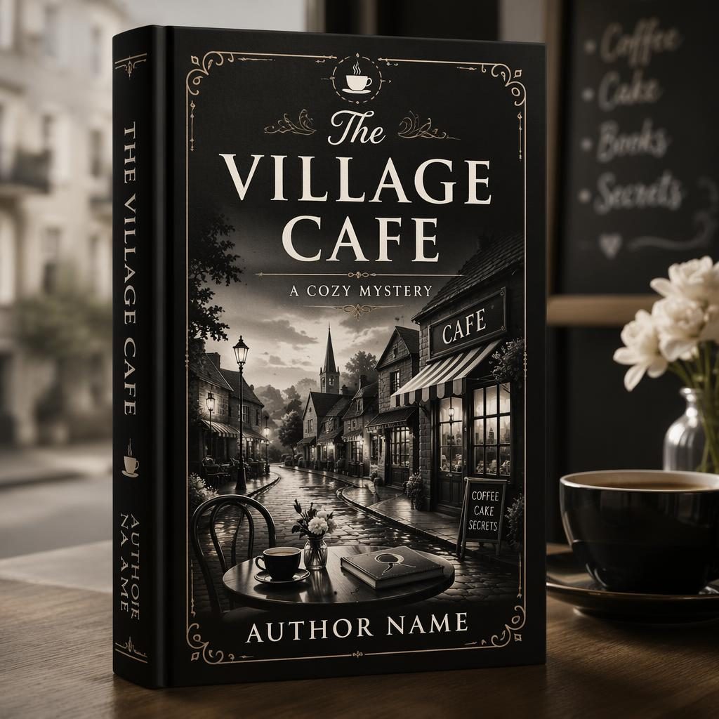 Vintage monochrome hardback mockup of a cozy mystery book cover featuring a village cafe, soft romantic mood, and clean placeholder text.