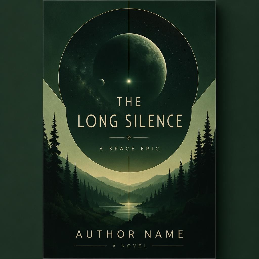 Geometric sci-fi book cover in deep forest green with sharp title and author placeholder text, quiet literary mood, portrait layout.