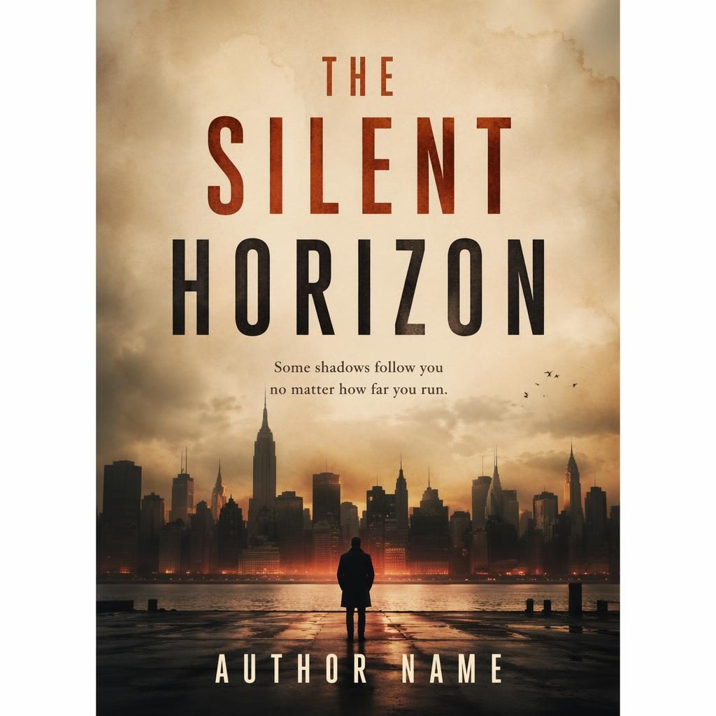 Photographic thriller book cover with dark city silhouette, warm cream and rust tones, and clean title placeholder text