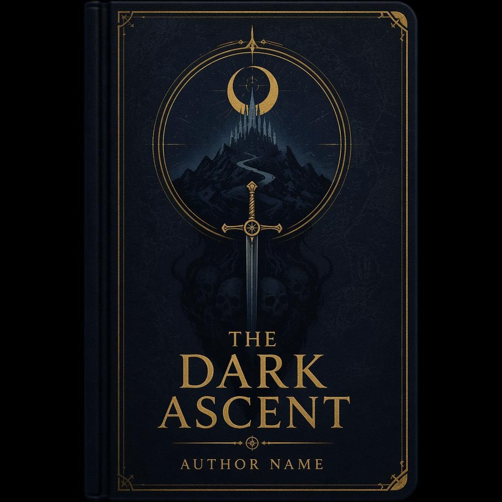 Minimalist high fantasy horror book cover in muted navy and gold with symbolic quest motif and clean placeholder text
