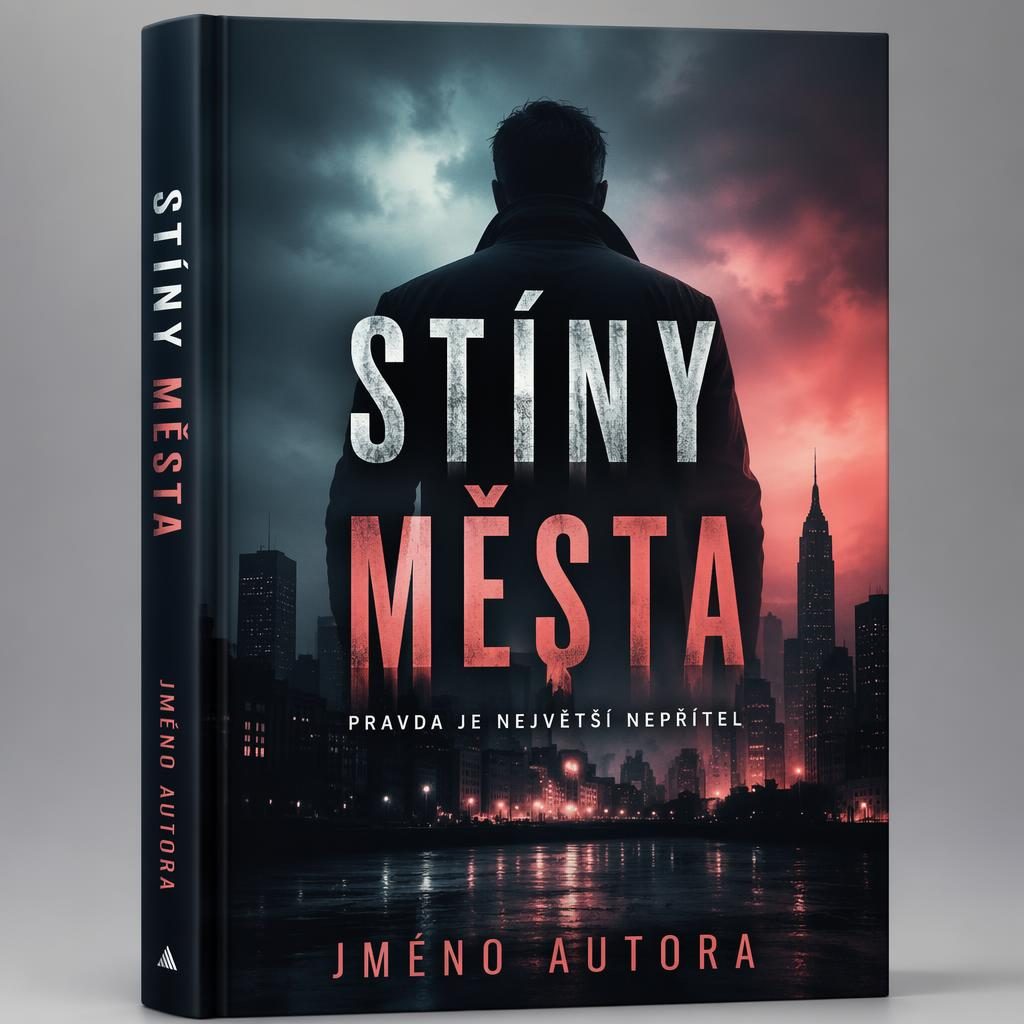 Návrh obalu knihy s temnou siluetou města, pastelovou paletou a čistou typografií názvu i autora.