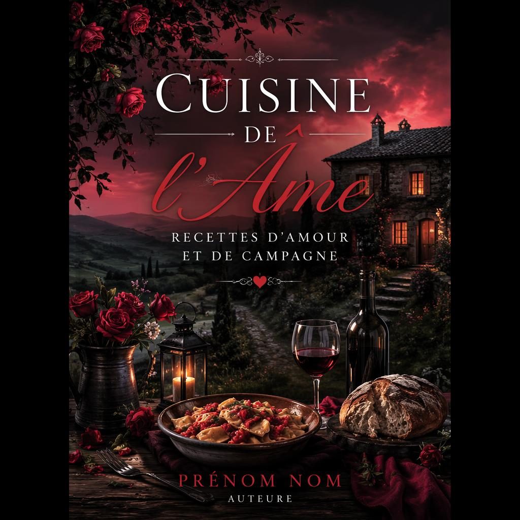 Couverture de livre illustrée en format portrait 5:8, palette noire et rouge, ambiance sombre et mystérieuse.