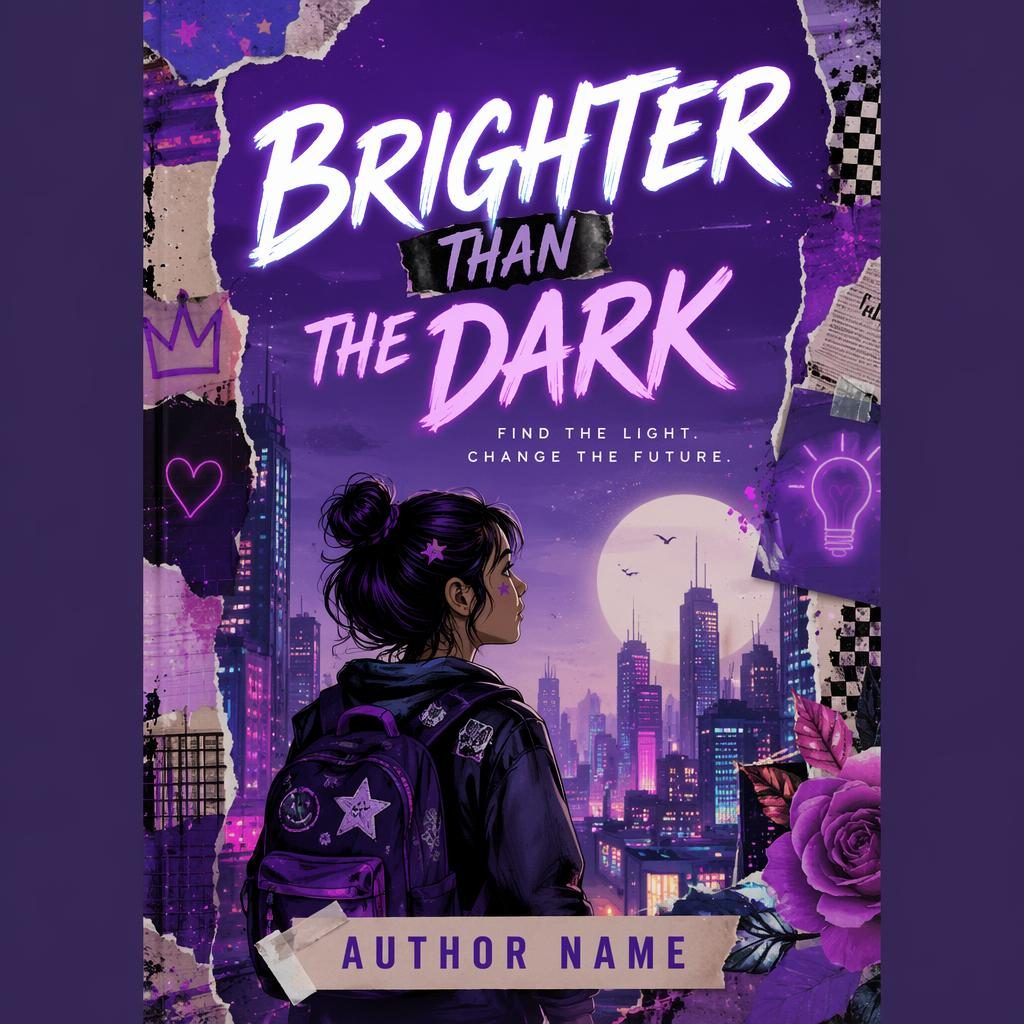 YA dystopian neon book cover in royal purple collage style with playful mixed media elements and clean title text