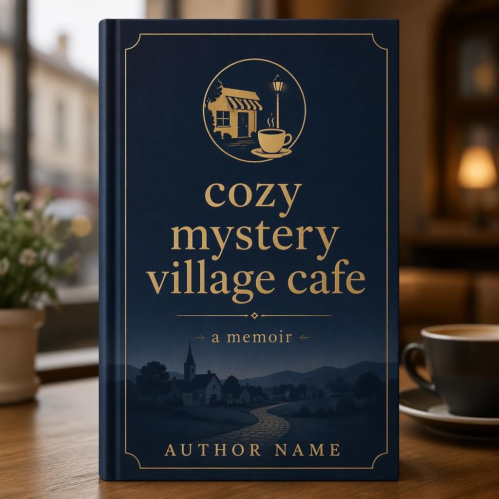 Minimalist 5:8 book cover mockup in muted navy and gold for Cozy Mystery Village Cafe with clean title and author text.