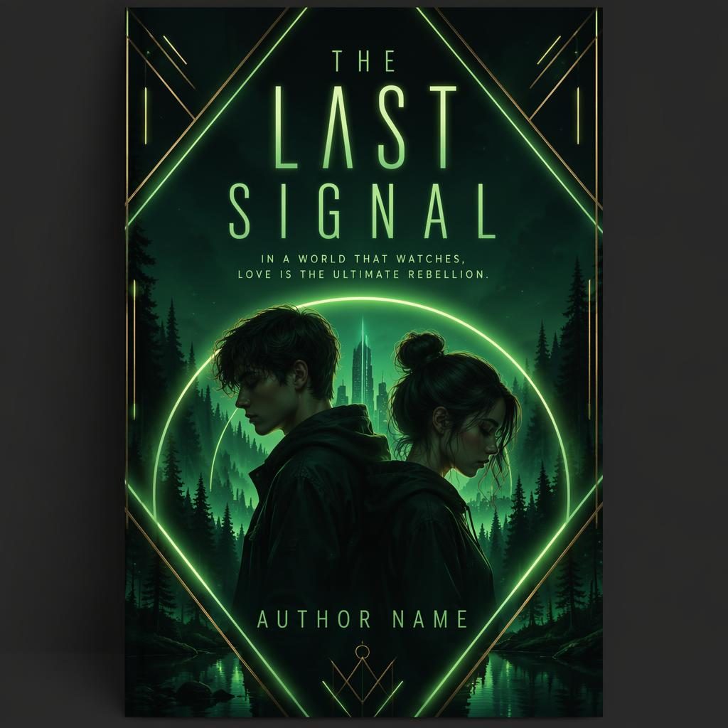 YA dystopian neon book cover with bold geometric shapes, deep forest green tones, and clean title and author text.