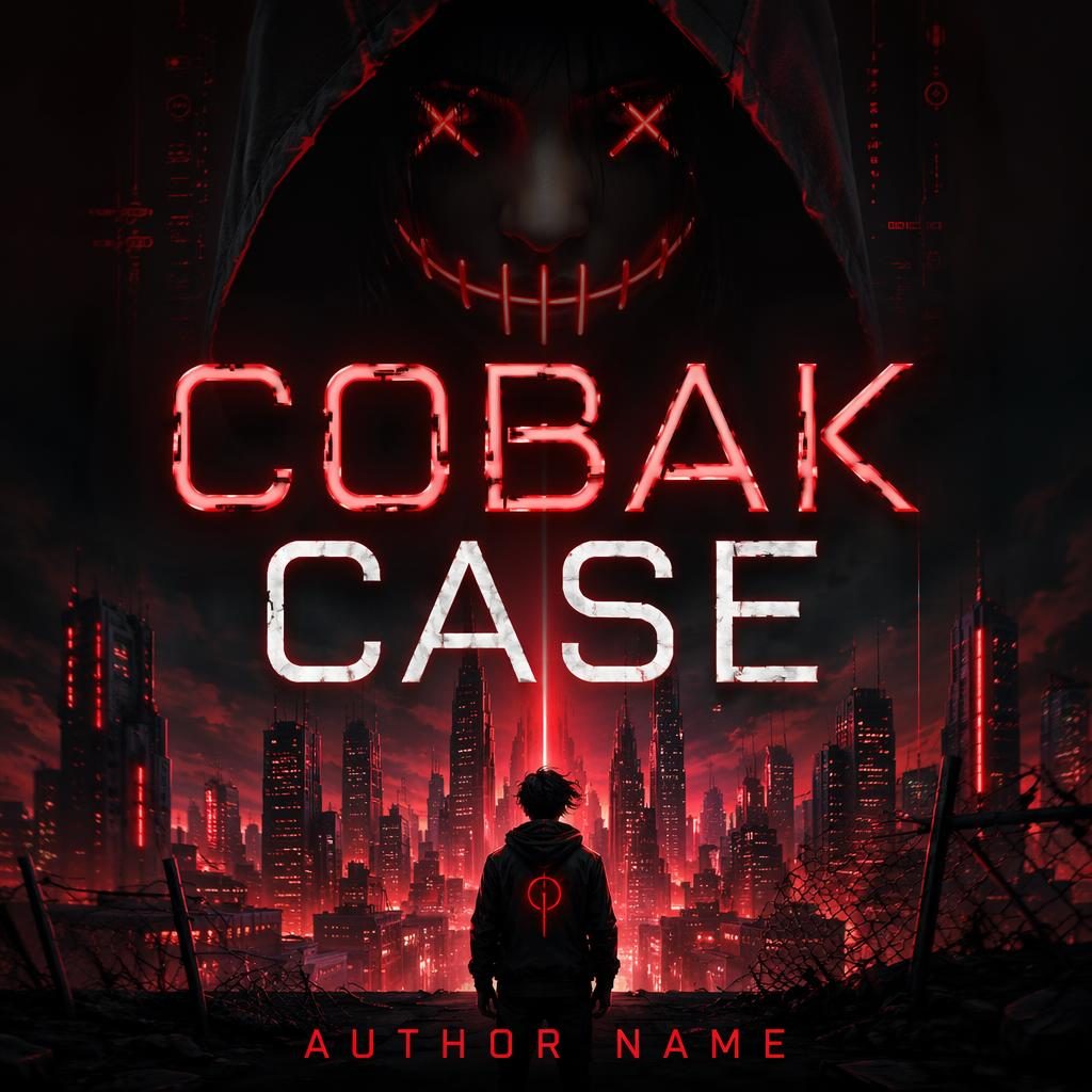Illustrated YA dystopian sci-fi book cover with black and red neon city glow, dark mood, and sharp title placeholder
