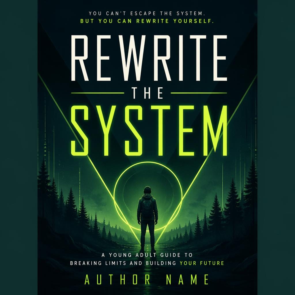 Print-ready 5:8 book cover with bold geometric typography, deep forest green palette, and a quiet neon dystopian mood