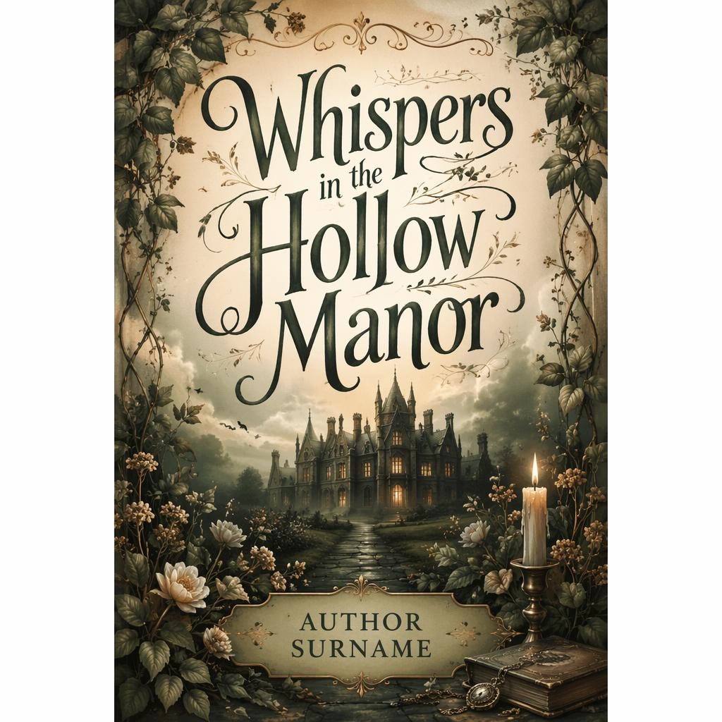 Romance horror book cover with a gothic mansion, warm sage and parchment tones, and elegant hand-lettered title text.