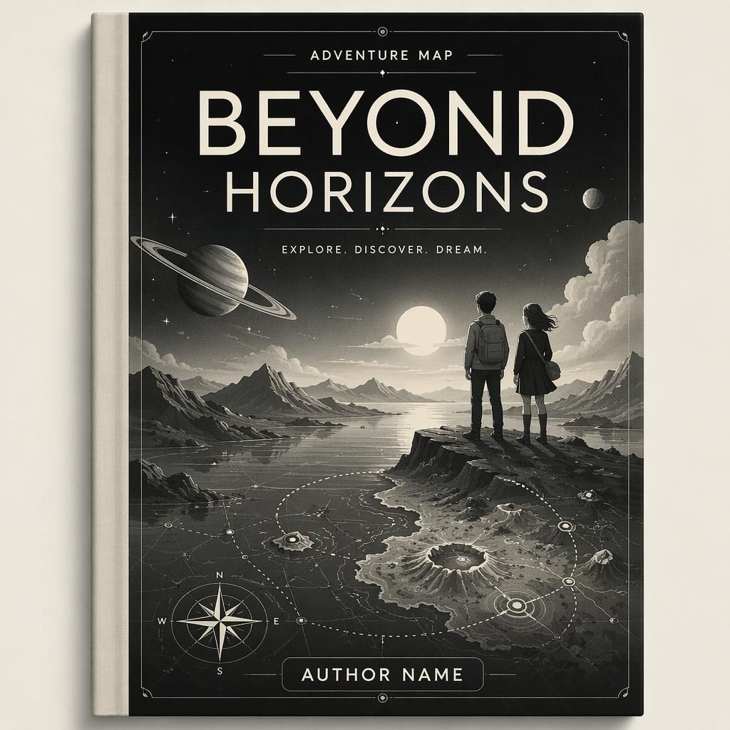 Retro sci-fi knižní obálka s dobrodružnou mapou, jemnou romantickou náladou a kontrastní černobílou paletou.