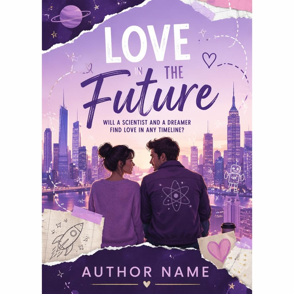 Print-ready sci-fi rom-com book cover with pastel city skyline collage, royal purple palette, and clean title placeholders