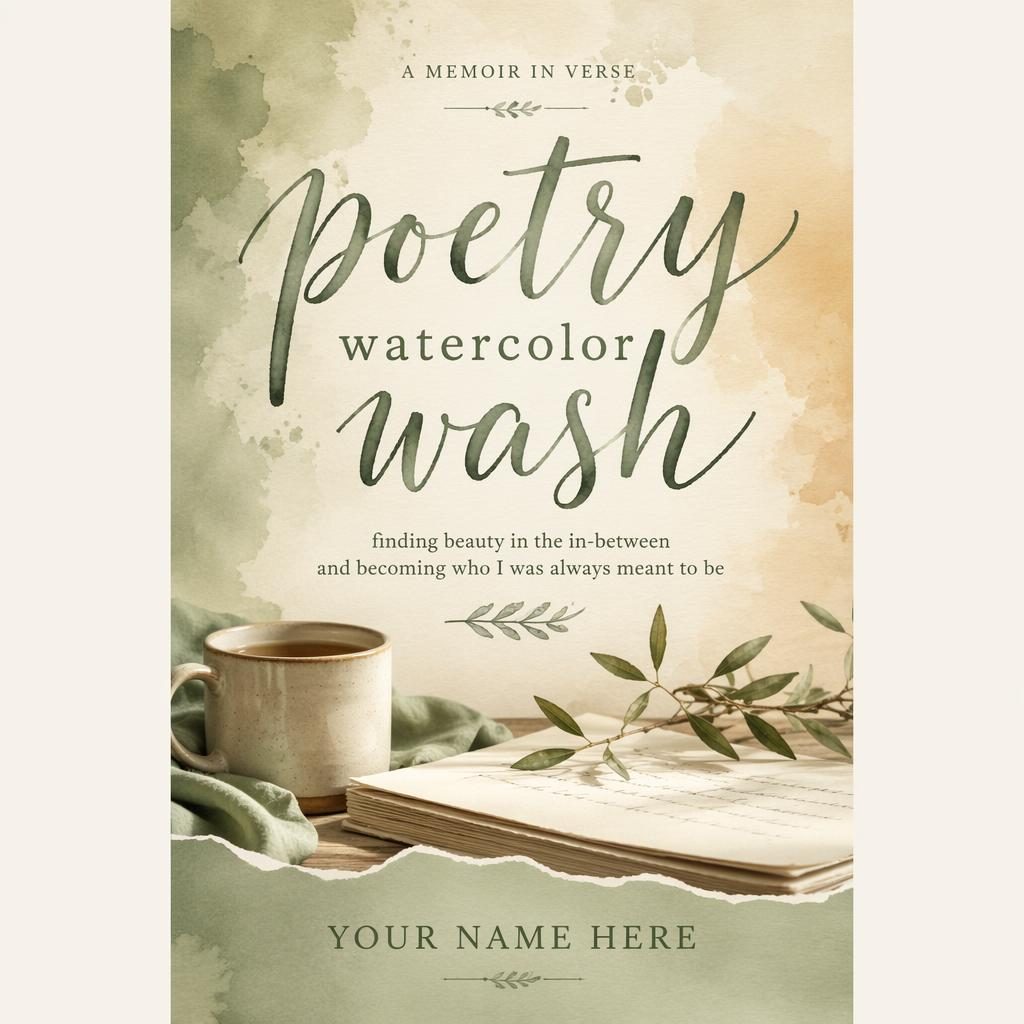 Print-ready 5:8 book cover with watercolor wash, hand-lettered title and author placeholder, sage and parchment tones.