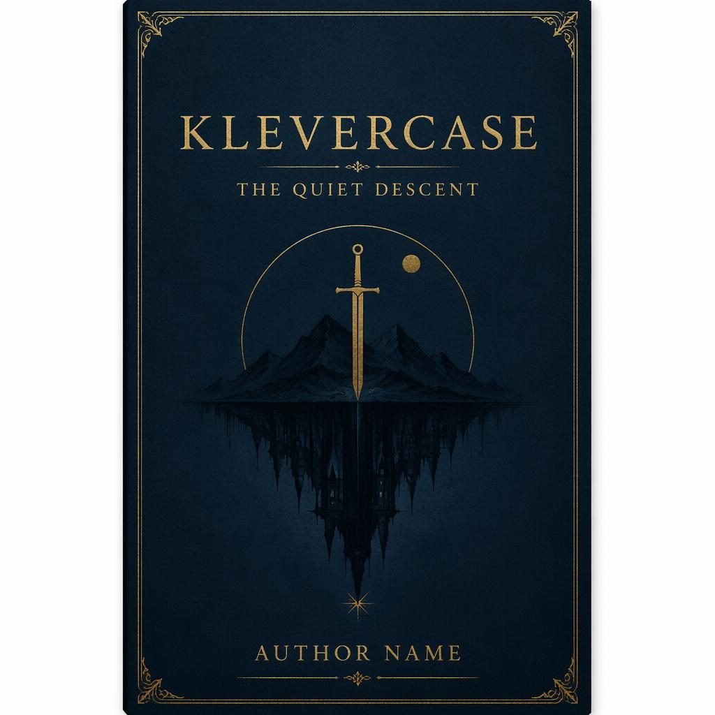 Minimalist high fantasy horror book cover in muted navy and gold with symbolic quest motif and clean title placeholder text.