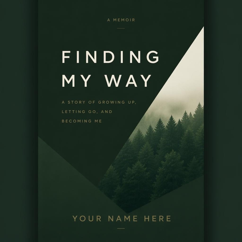 Minimalist memoir book cover in deep forest green with bold geometric typography and clean title and author placeholders