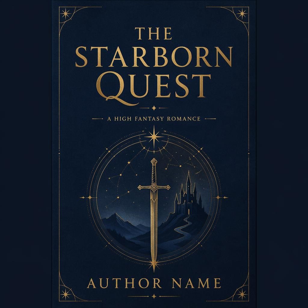 Minimalist high fantasy romance book cover in muted navy and gold with symbolic quest motif and clean title-author text.