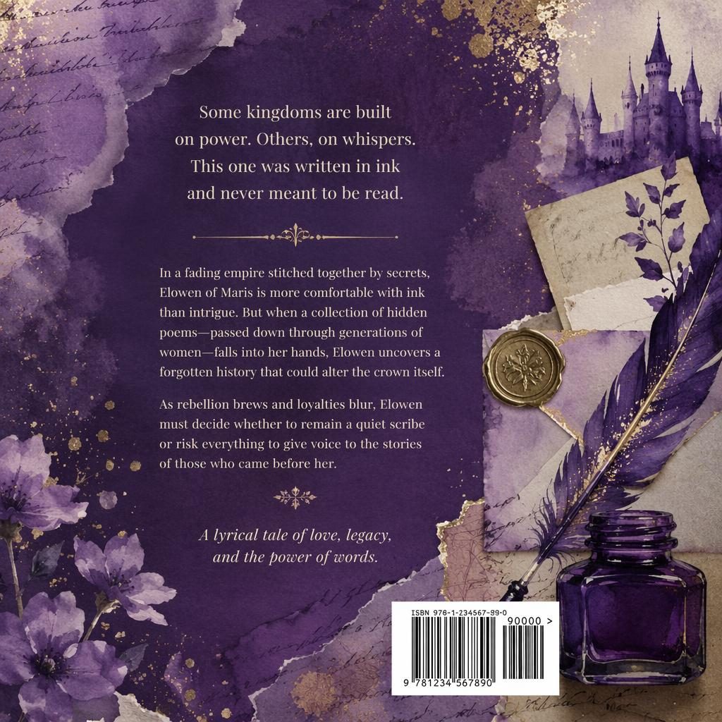 Historical fiction book cover in royal purple watercolor collage style with playful typography and print-ready portrait layout.