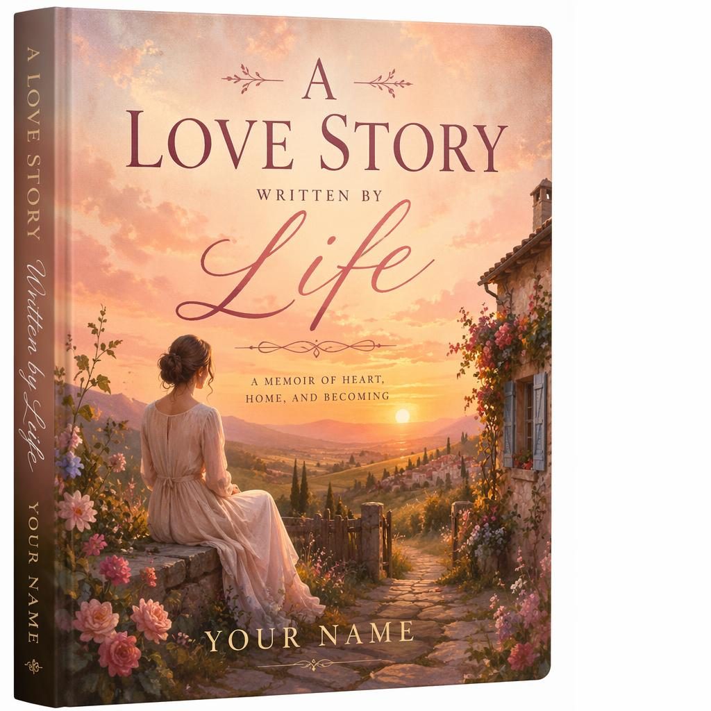 Painterly book cover with a pastel countryside at sunset, romantic memoir mood, clean title and author placeholder text.