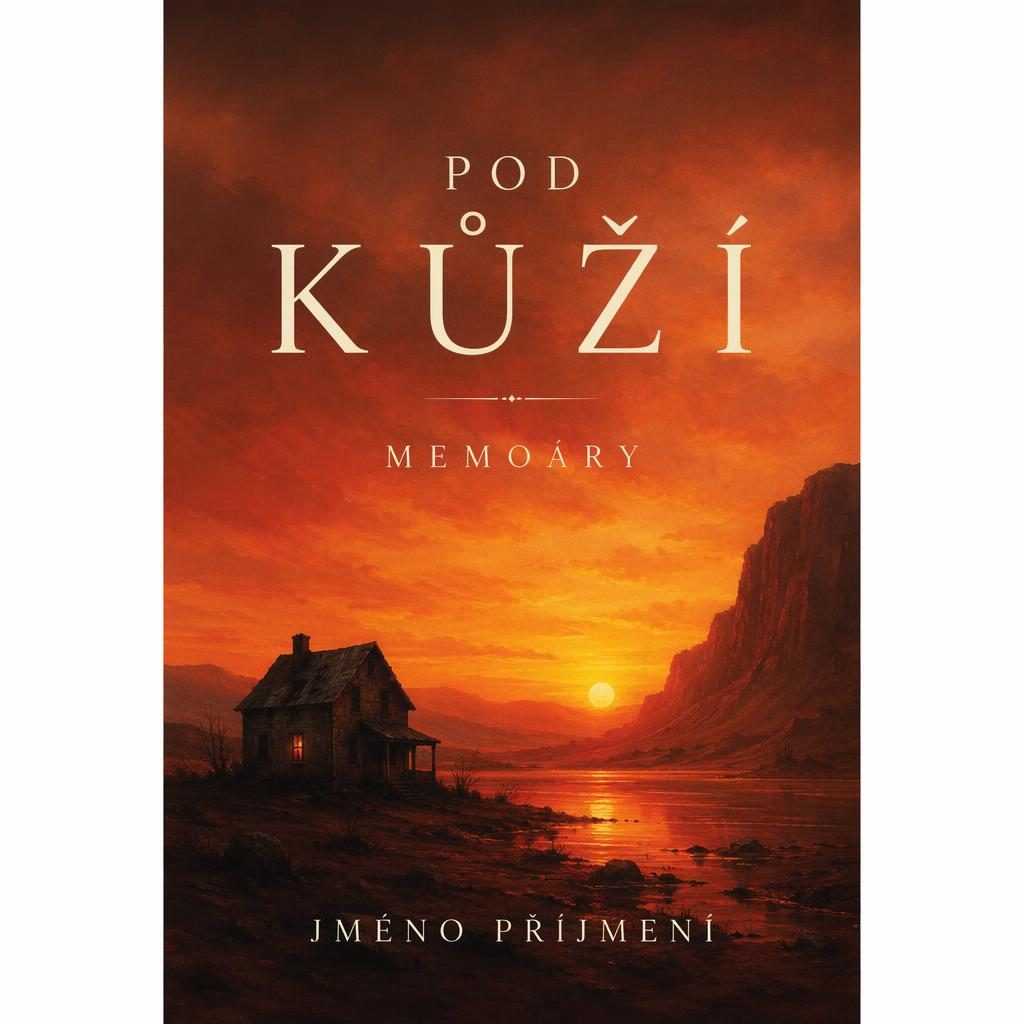 Minimalistická knižní obálka pro memoární horor, čistá typografie, malířská atmosféra, teplý západ slunce, portrét 5:8.
