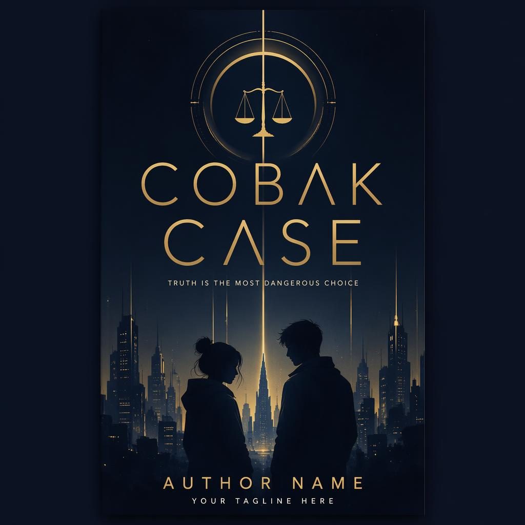 Minimalist YA dystopian romance book cover in muted navy and gold with symbolic neon motif and clean title placeholder text.