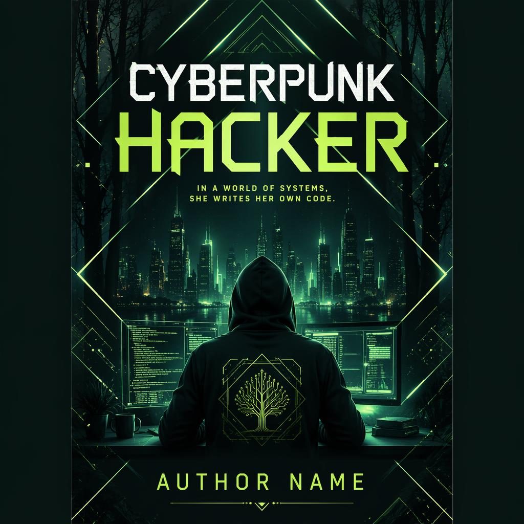 YA cyberpunk book cover with bold geometric shapes, neon hacker mood, deep forest green palette, and clean title text