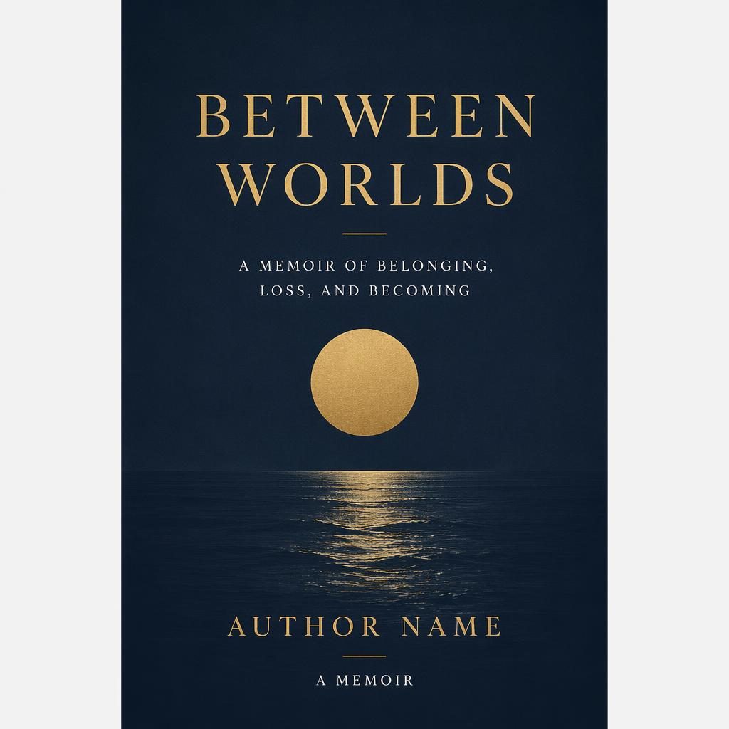 Minimalist memoir book cover in muted navy and gold with clean typography, symbolic layout, and 5:8 portrait format.