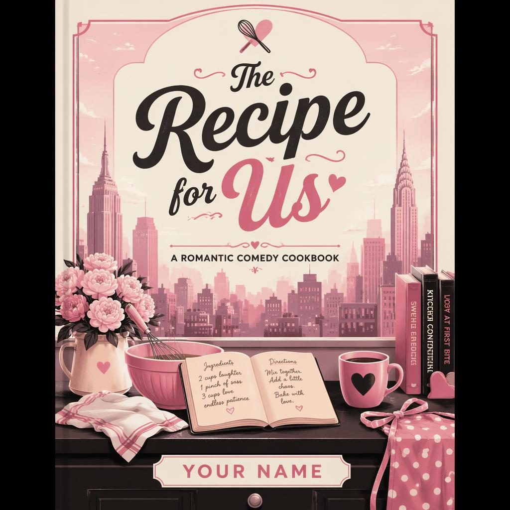 Vintage retro cookbook cover with pastel city skyline, soft romantic mood, monochrome contrast, and clean title text.