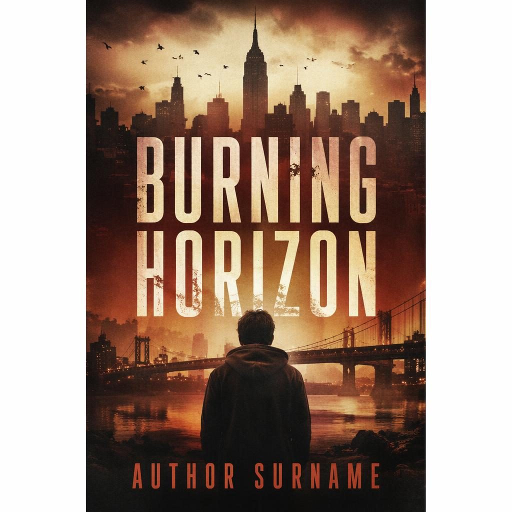 YA thriller book cover with a dark city silhouette, warm cream and rust tones, and clean title and author placeholders.