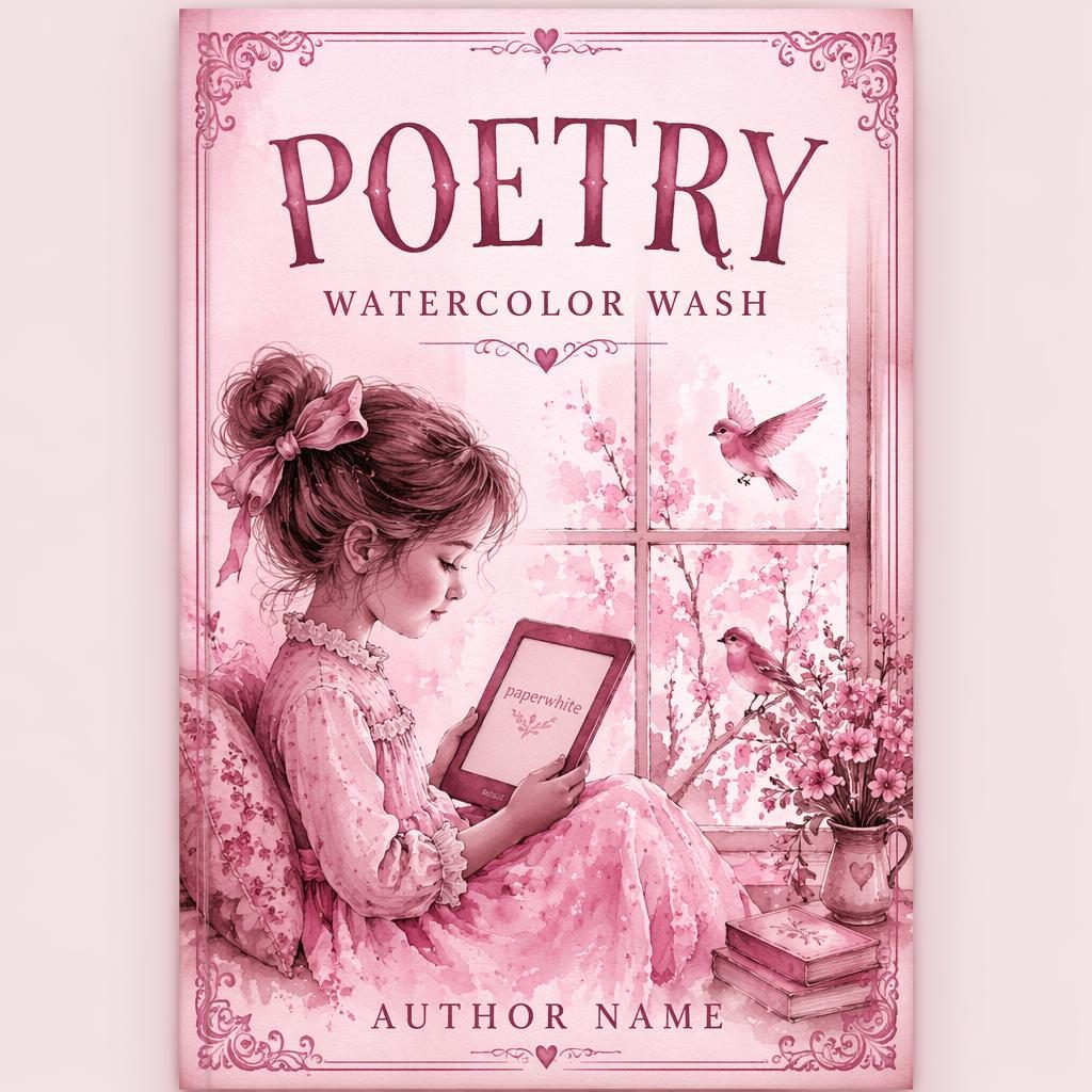 Vintage-style children's poetry book cover with watercolor wash, soft romantic mood, monochrome contrast, and clean placeholder text