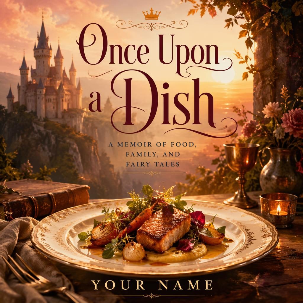 Painterly 5:8 portrait book cover showing a hero plated dish at sunset with warm tones and clean title and author text.