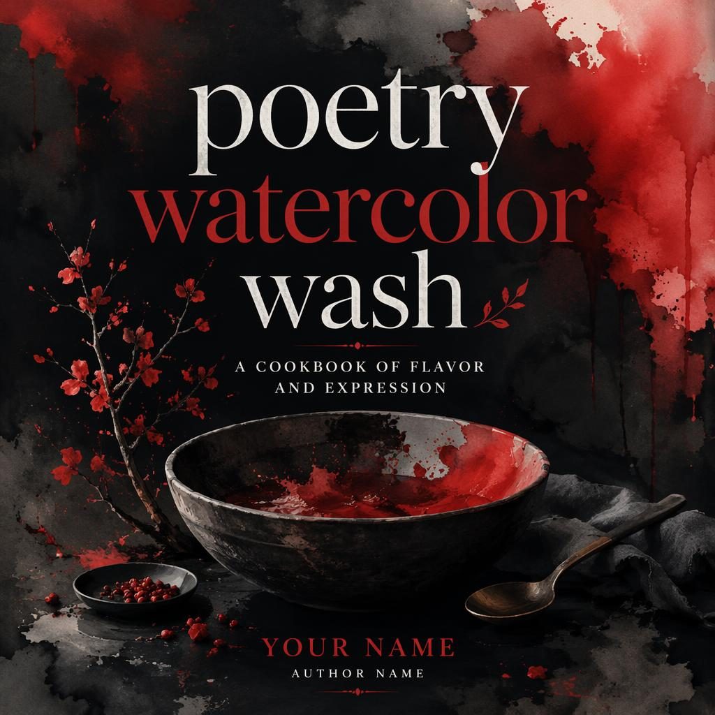 Illustrated full-bleed cookbook cover in black and red watercolor wash with a mysterious mood and clean title placeholders.