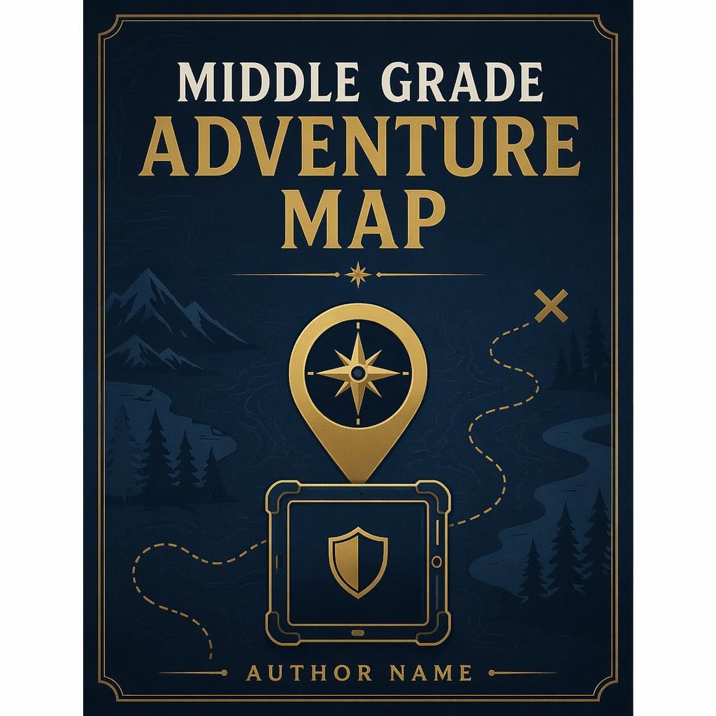 Minimalist 5:8 book cover with symbolic adventure map in muted navy and gold, sharp title and author placeholder text.