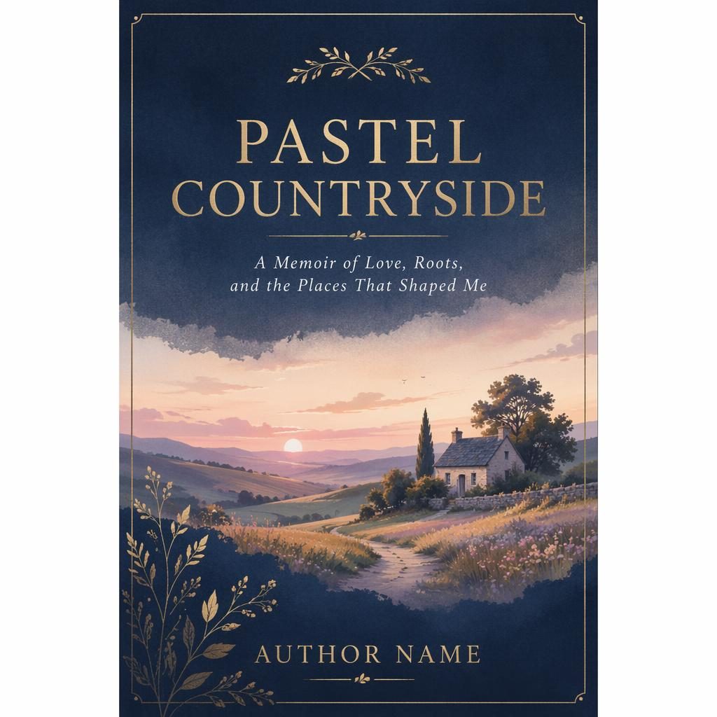Minimalist memoir book cover in muted navy and gold with symbolic countryside motif, sharp title and author text, 5:8 portrait.