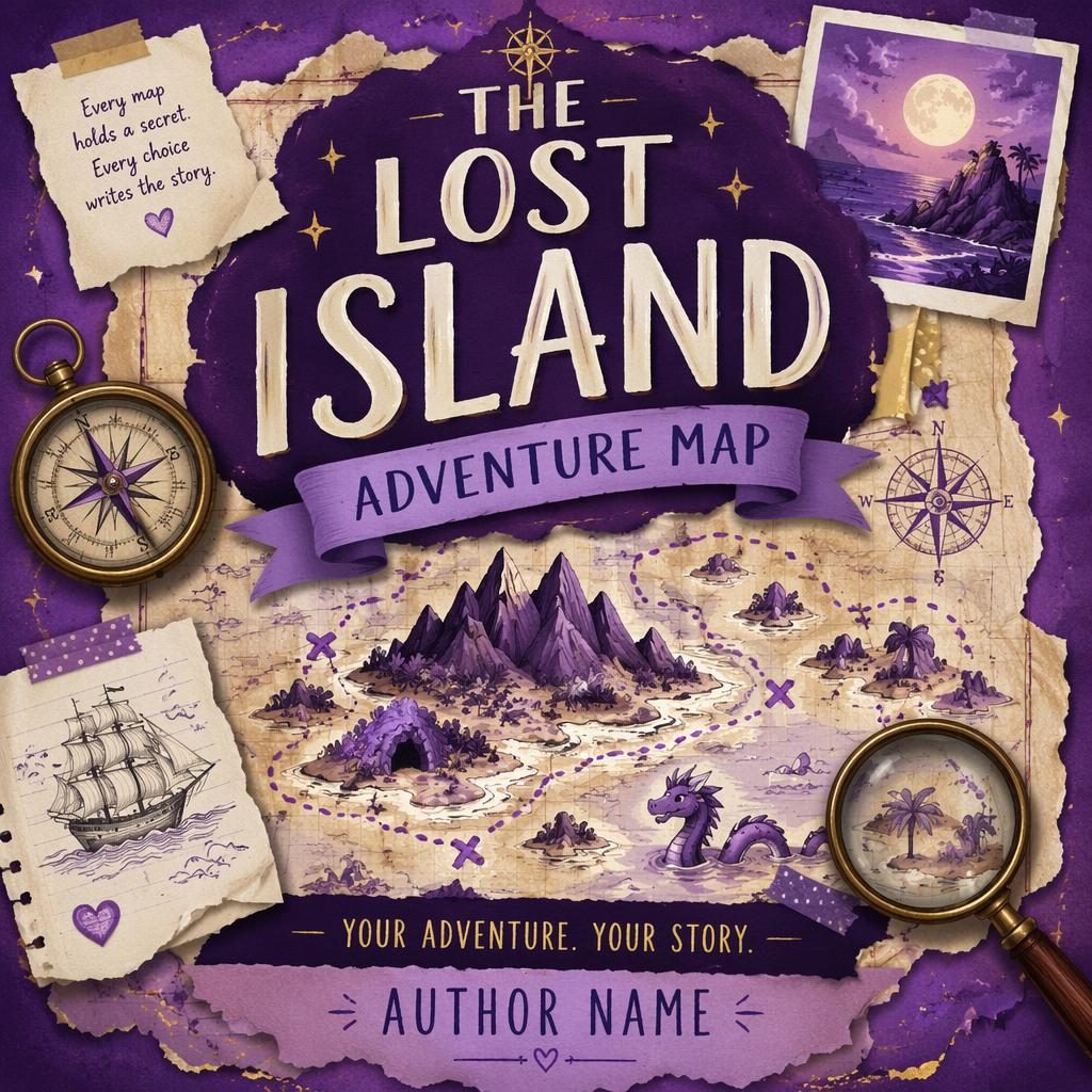 Royal purple middle grade adventure map book cover in collage style with whimsical icons and clean title placeholders.