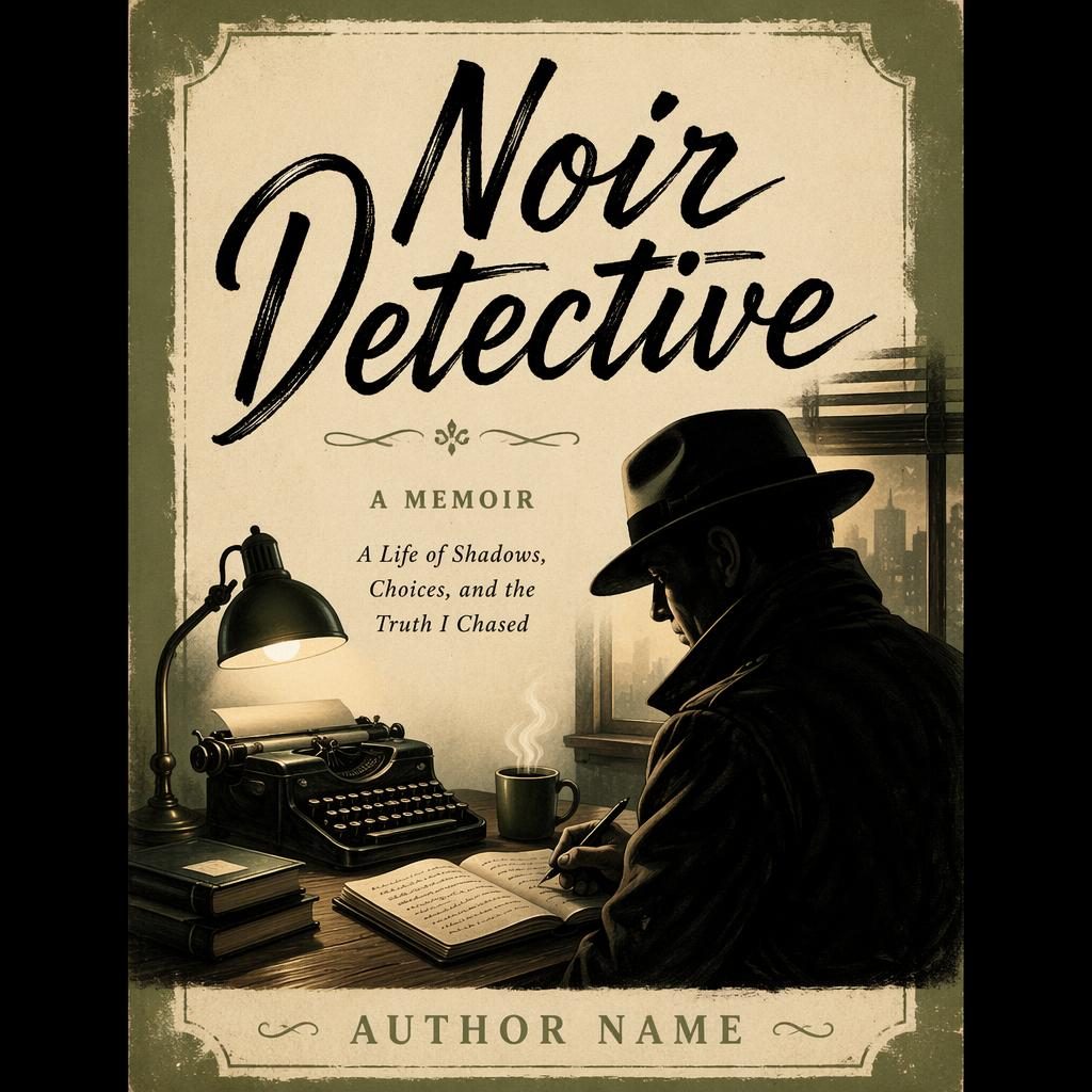 Black and white noir-style memoir book cover with hand-lettered title, author placeholder text, sage and parchment accents