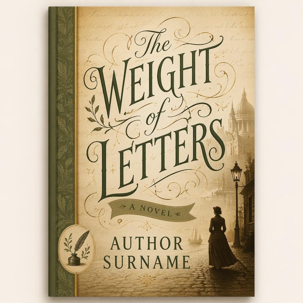 Sepia historical fiction book cover with hand-lettered placeholder title, warm sage and parchment palette, 5:8 portrait layout.