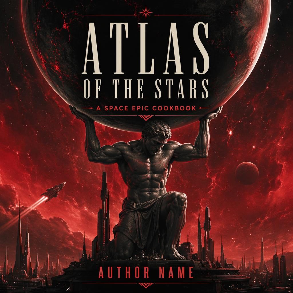 Illustrated full-bleed sci-fi cookbook cover in black and red with mysterious space imagery and clean title placeholders