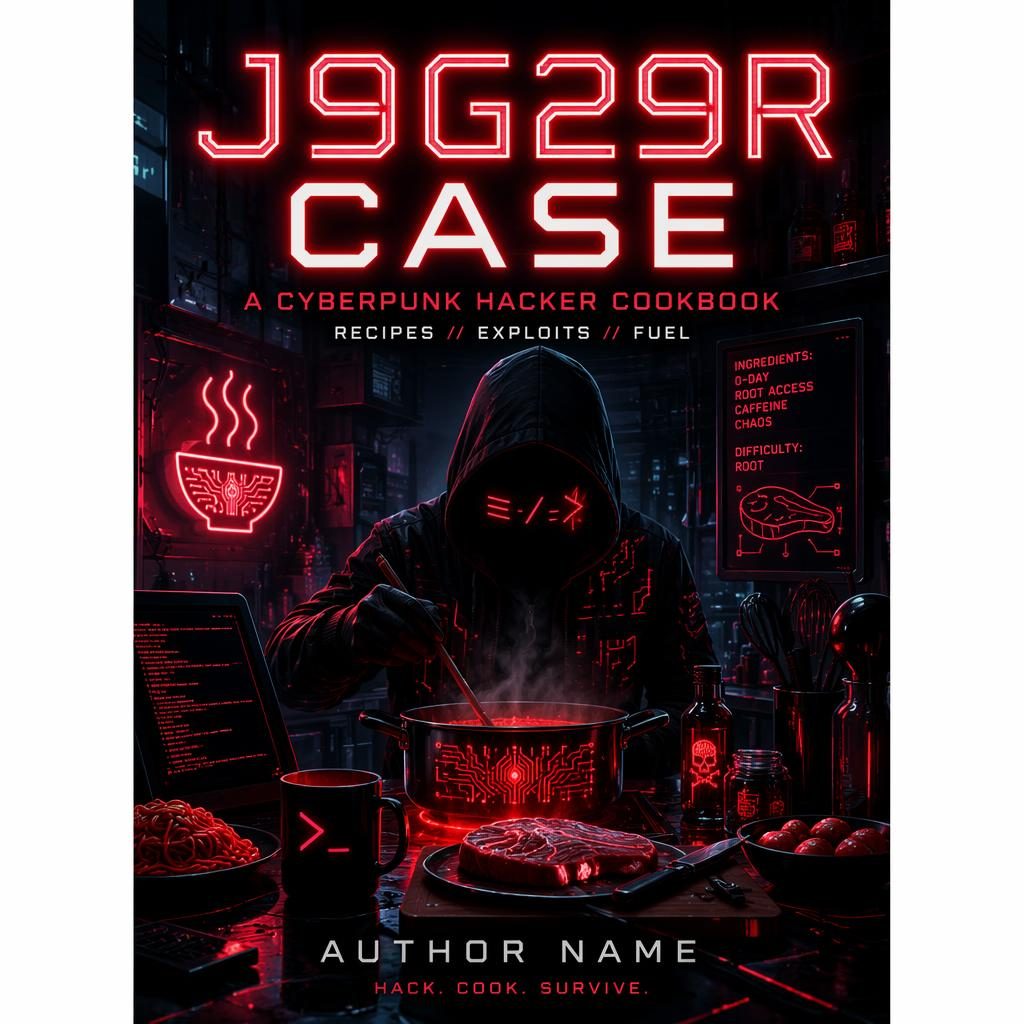 Illustrated cyberpunk cookbook cover with neon hacker imagery, dark black and red palette, and clean title placeholders.