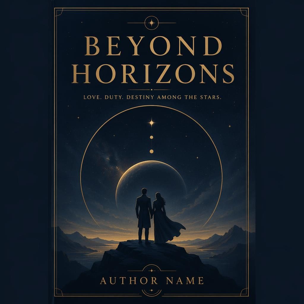 Minimalist sci-fi romance book cover in muted navy and gold with symbolic space motif and clean title placeholder text.
