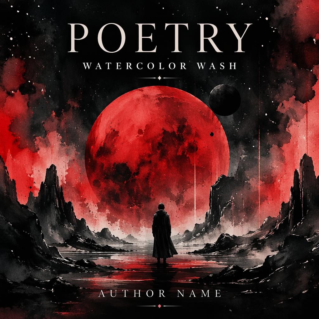Illustrated sci-fi poetry book cover with watercolor wash, black and red palette, mysterious dark mood, and clean title text