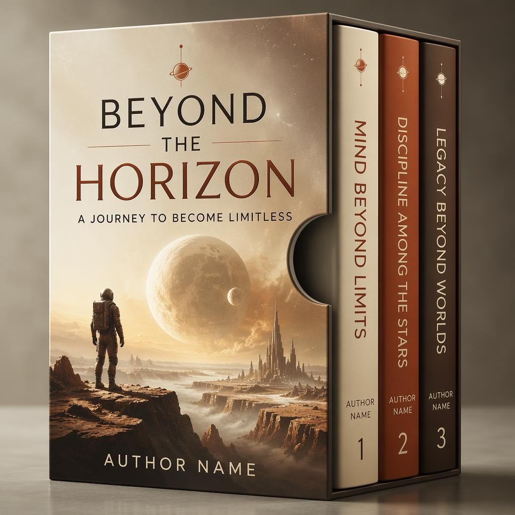 Portrait sci-fi book cover with atmospheric space scene, warm cream and rust tones, and clean title placeholder typography